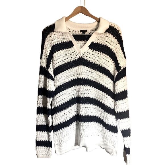 Talbots Open Stitch Johnny Collar Pullover Striped Sweater Nautical Blue White - Picture 1 of 4